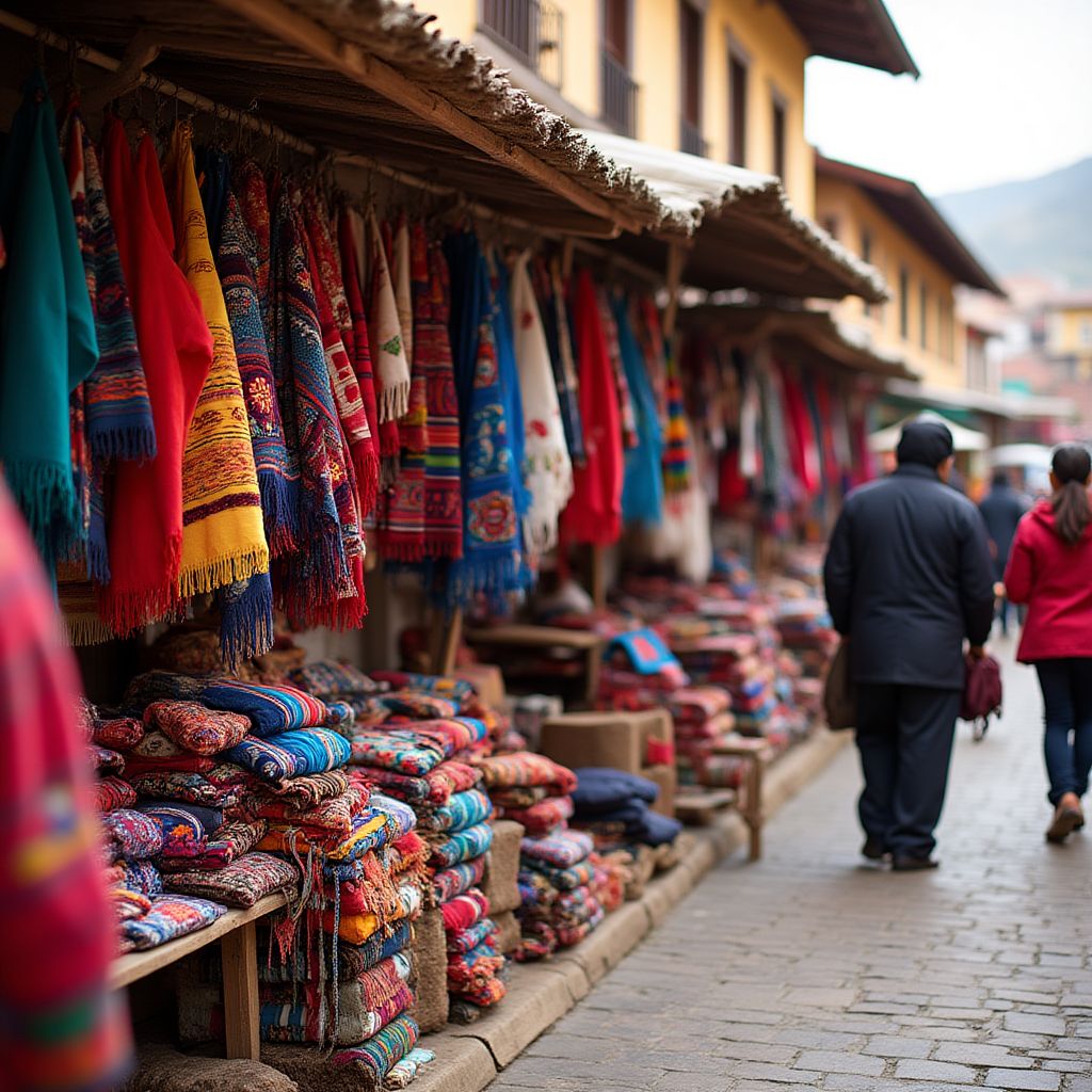 Mercado de artesanías de Otavalo lleno de textiles coloridos